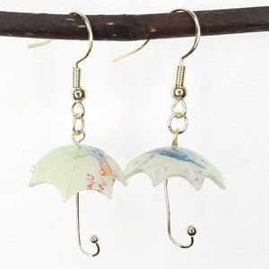 Hand Crafted Resin Umbrella with Macaw Earrings in Gold Tone Hypo-Allergenic